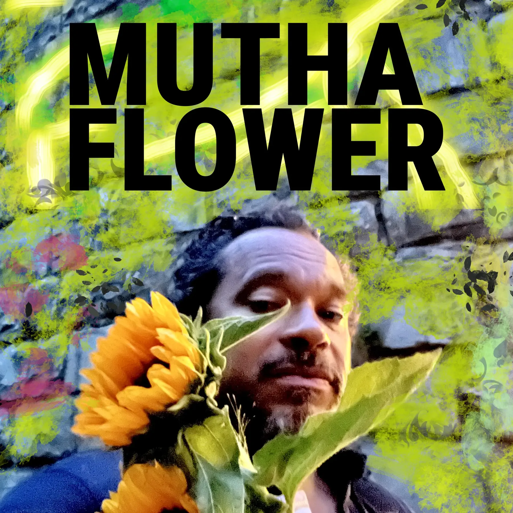 Muthaflower album cover: Jay Rodriguez Sierra holding sunflowers against a bright green background.